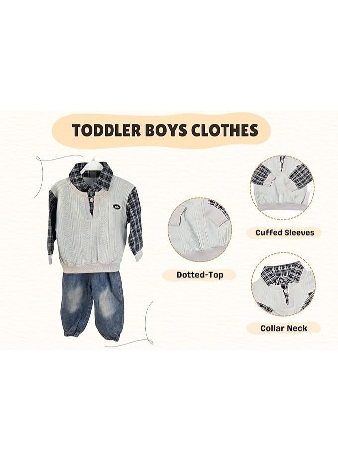 MINIIMODZ MINII MODZ Boys Co-Ord Set – Sweatshirt with Collar & Printed Shirt Design Paired with Denim Pants | Boys Outfit - Image 3